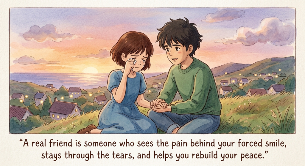 A real friend is someone who sees the pain behind your forced smile, stays through the tears, and helps you rebuild your peace.
