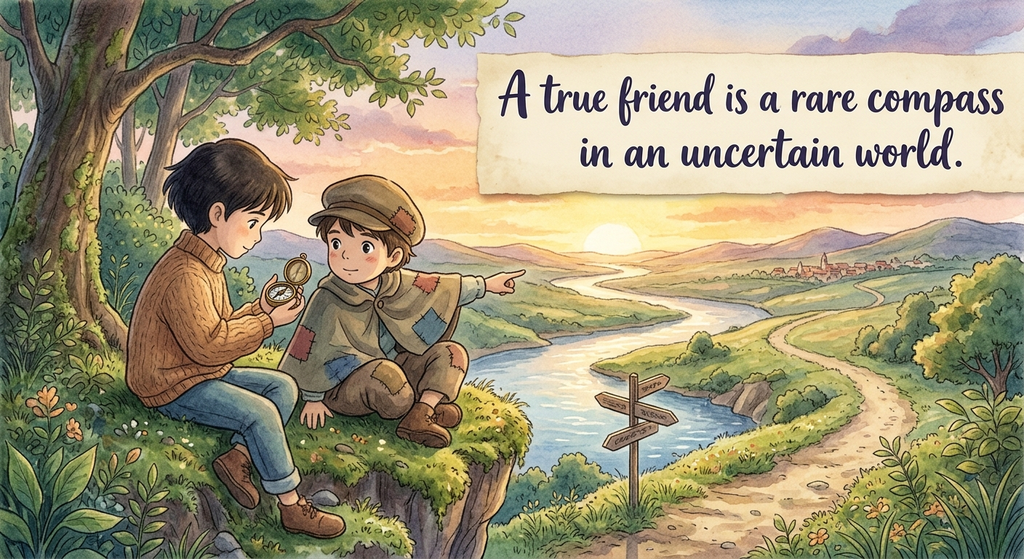 two young friends sitting near a cliff, with one holding a compass while the other points toward a winding river and landscape. The scene has trees, mountains, a sunset, and a pathway leading into the distance.