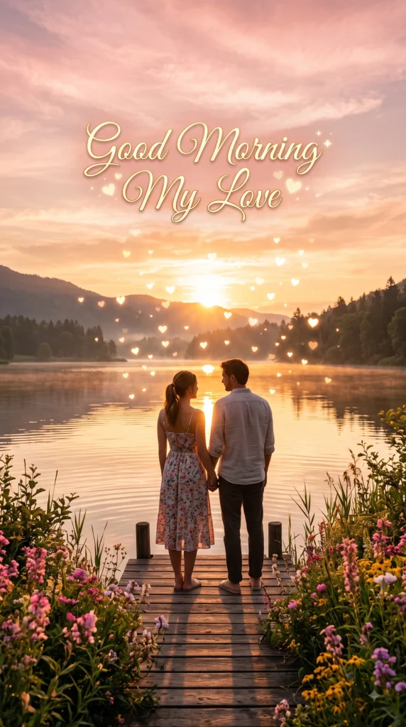 Animated Good Morning Love GIF
Create a romantic 3D animated scene of a young couple on a charming apartment balcony at dawn, the woman holding a small bouquet while the man surprises her with a handwritten “Good Morning, My Love” card, city skyline in the background, glowing windows, gentle breeze moving curtains, floating heart-shaped light particles, warm cinematic lighting, expressive characters, premium animated-film quality,