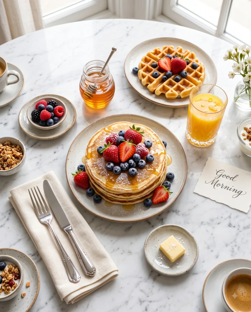 Breakfast Images With Good Morning
Luxurious overhead breakfast composition on a marble dining table, fluffy pancakes stacked with strawberries and blueberries, waffles, honey jar, fresh orange juice, silver cutlery, folded linen napkin, small handwritten Good Morning card, bright natural window light, editorial food photography, rich textures.