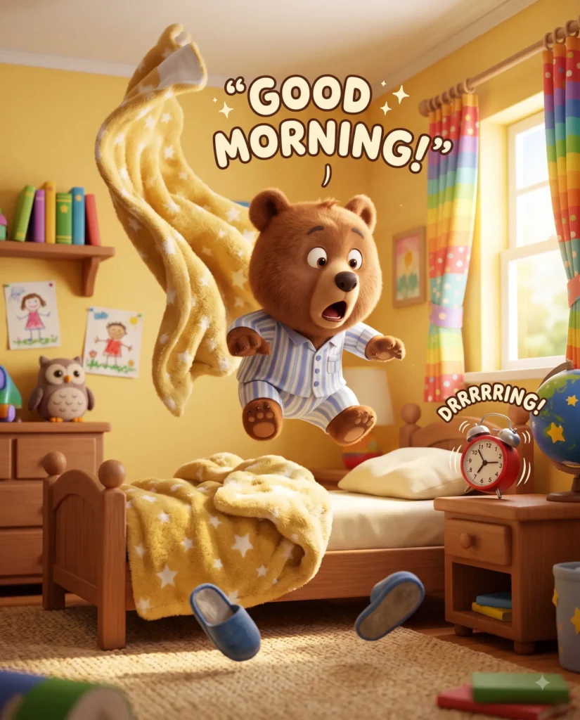 Cartoon Good Morning GIF
Whimsical 3D cartoon scene of a sleepy little bear jumping out of bed after an alarm clock rings, messy blanket flying through the air, slippers in different directions, sunlight entering through colorful curtains, surprised funny expression, cheerful yellow bedroom, playful motion feeling, “GOOD MORNING!”