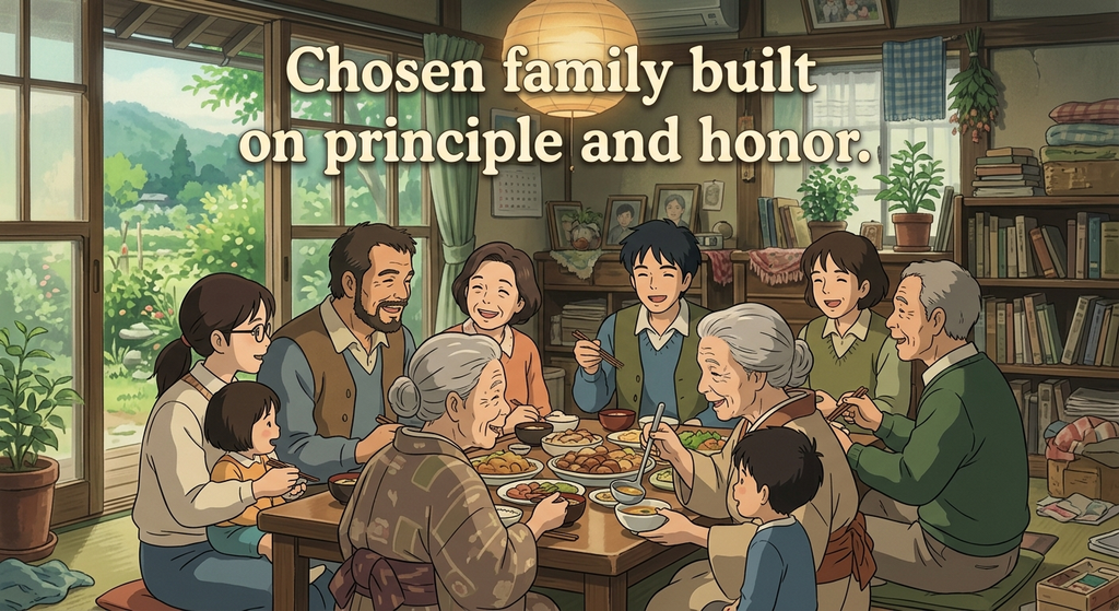 a large family gathered around a dining table, enjoying a meal together.
The scene has a warm, cozy atmosphere, with several generations sharing food and laughter.