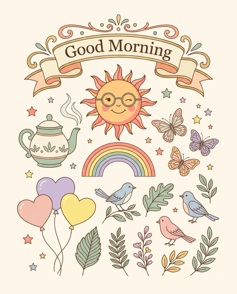 Clipart Good Morning
Premium modern vector clipart collection arranged on a clean cream background: smiling sun wearing tiny glasses, steaming teapot, rainbow, butterflies, little birds, stars, leaves, heart-shaped balloons and a decorative “Good Morning” ribbon, flat vector illustration, crisp outlines, sophisticated pastel palette
