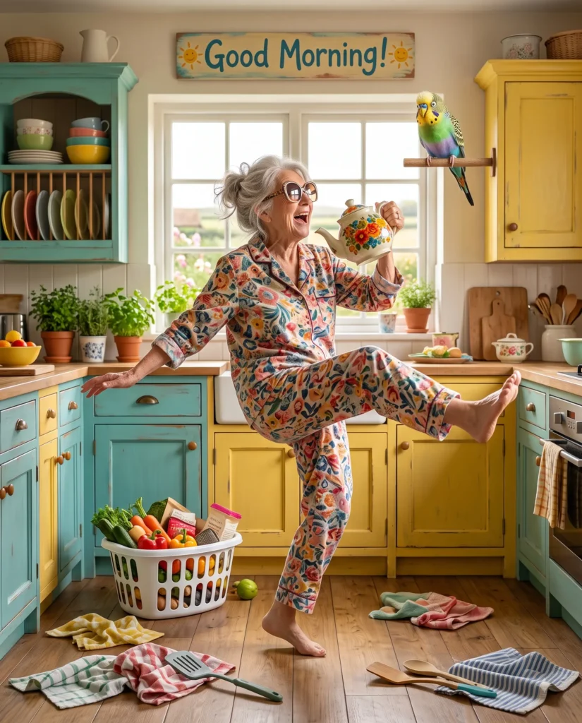 Funny Old Lady Good Morning Images
Joyful elderly grandmother wearing colorful pajamas and oversized sunglasses dancing dramatically in her kitchen while holding a teapot like a microphone, surprised pet bird watching from a perch, colorful kitchen cabinets, morning sunlight, humorous energetic pose, freeze-frame comedy photography,