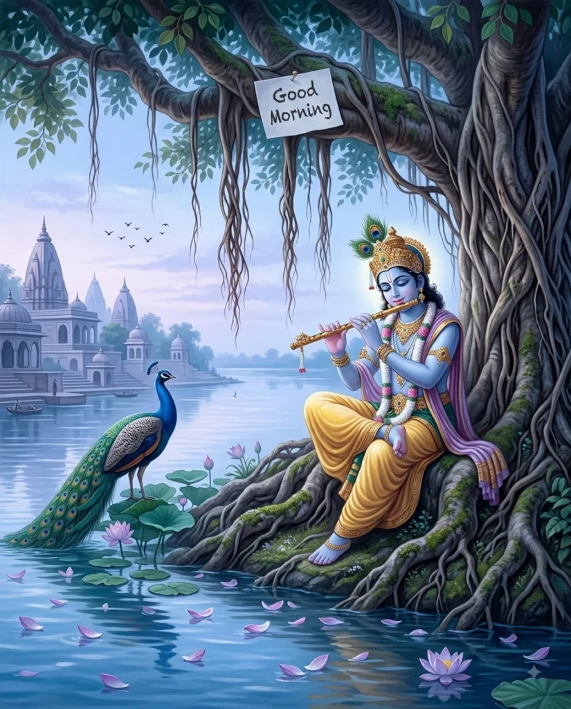 God Krishna Good Morning Image
Devotional artistic scene of Lord Krishna sitting peacefully beneath a large ancient banyan tree beside the Yamuna River, playing a flute, peacock standing nearby, traditional Indian architecture faintly