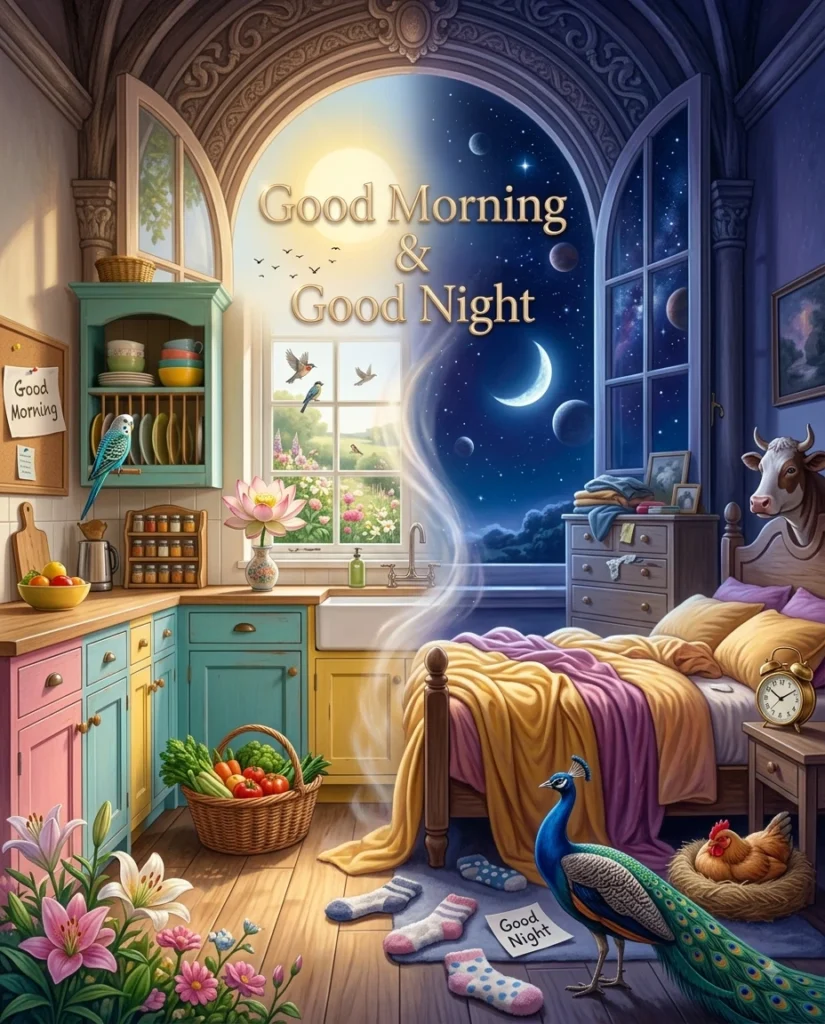 Good Morning and Good Night Images
Creative surreal artwork of a giant open window dividing two worlds: left side shows a bright cheerful morning kitchen with sunlight and birds, right side shows a cozy bedroom under a deep starry night sky with moonlight, smooth artistic transition between day and night, elegant typography “Good Morning & Good Night”, dreamy fantasy