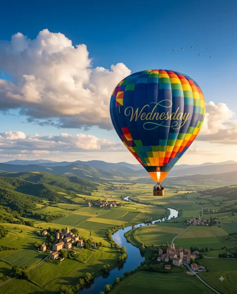 Good Morning and Happy Wednesday Images
Colorful Wednesday morning hot-air balloon floating above a peaceful valley, green hills below, tiny villages, winding river and fluffy clouds, adventurous uplifting atmosphere, balloon decorated with subtle Wednesday lettering, bright blue sky, cinematic aerial photography, completely different visual concept from