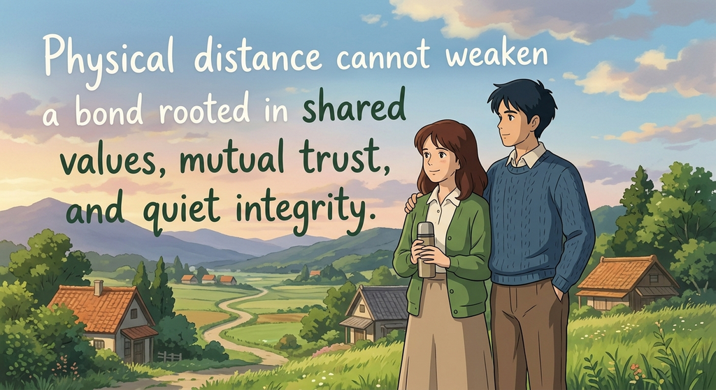boy and girl standing together in a beautiful mountain landscape.
The quote highlights trust, shared values, and strong bonds despite physical distance.