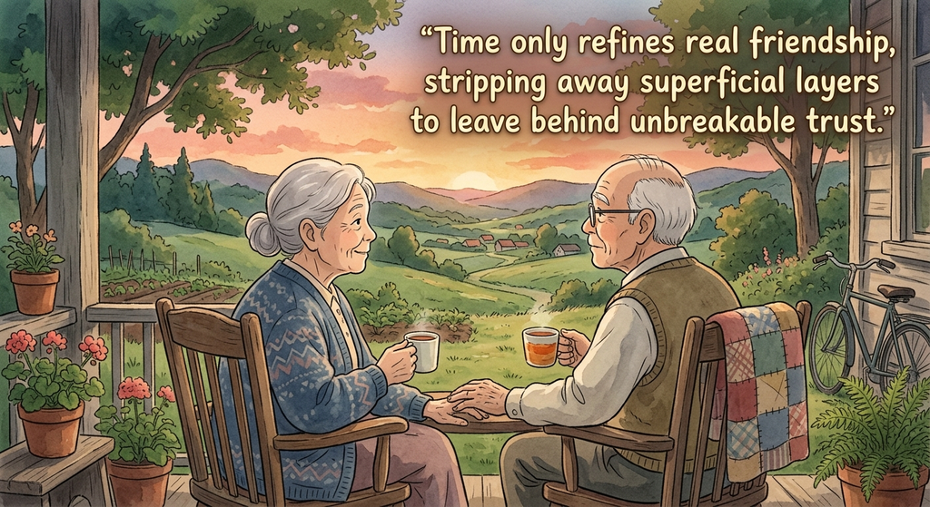 an elderly couple enjoying tea together.
They are sitting on a porch, holding hands, with a beautiful sunset and countryside scenery in the background.
The quote highlights how time strengthens genui