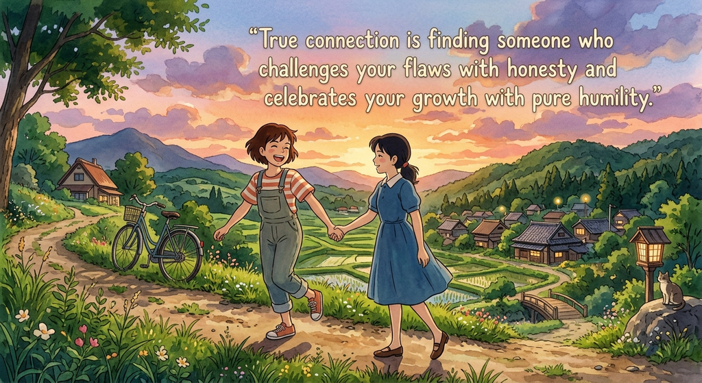 a friendship quote with two friends walking together.
The background has mountains, houses, flowers, and a beautiful sunset.
The artwork has a colorful anime-style appearance.