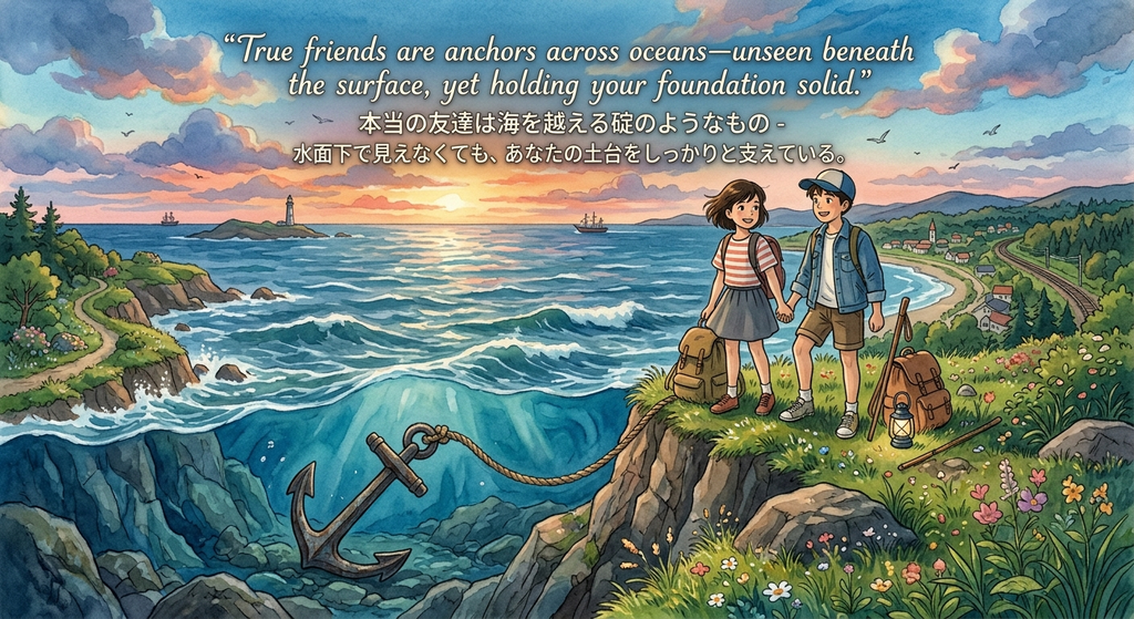The image shows two friends standing beside a beautiful ocean.
An anchor in the water represents strength and support.
The sunset and colorful scenery make the picture peaceful.
It symbolizes the strong bond of true friendship.