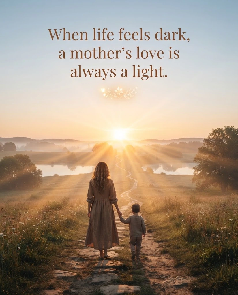 Mother love quotes showing a mother guiding her child toward the light
